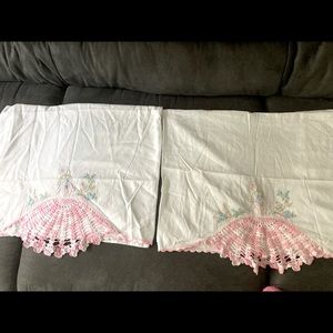 Pair of hand embroidered never used standard size cotton pillowcases